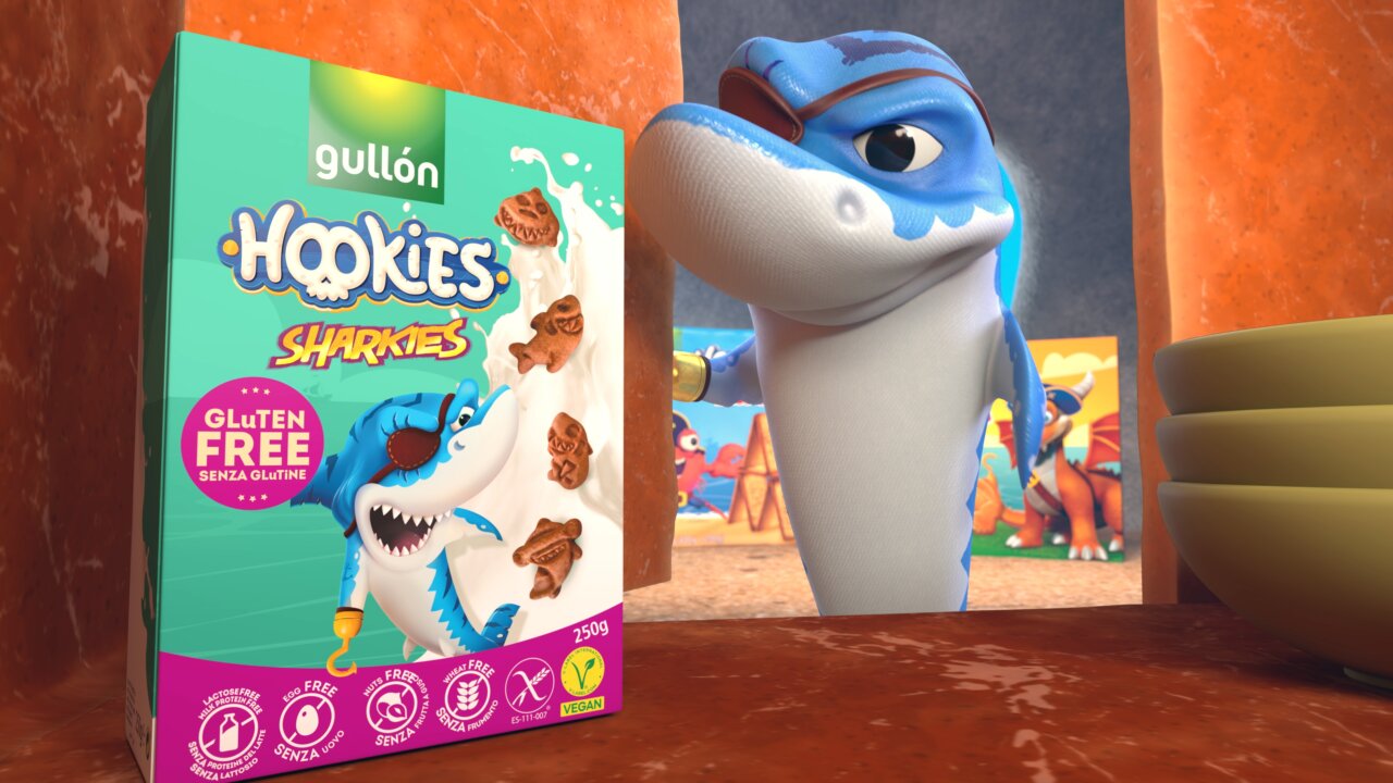 Caja de galletas Gullón Hookies Sharkies con un personaje animado