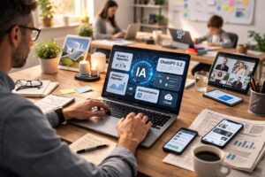 Persona trabajando en un laptop con gráficos sobre inteligencia artificial