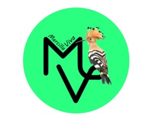 Logo de la asociación Marcilla Viva con un ave y letras estilizadas.