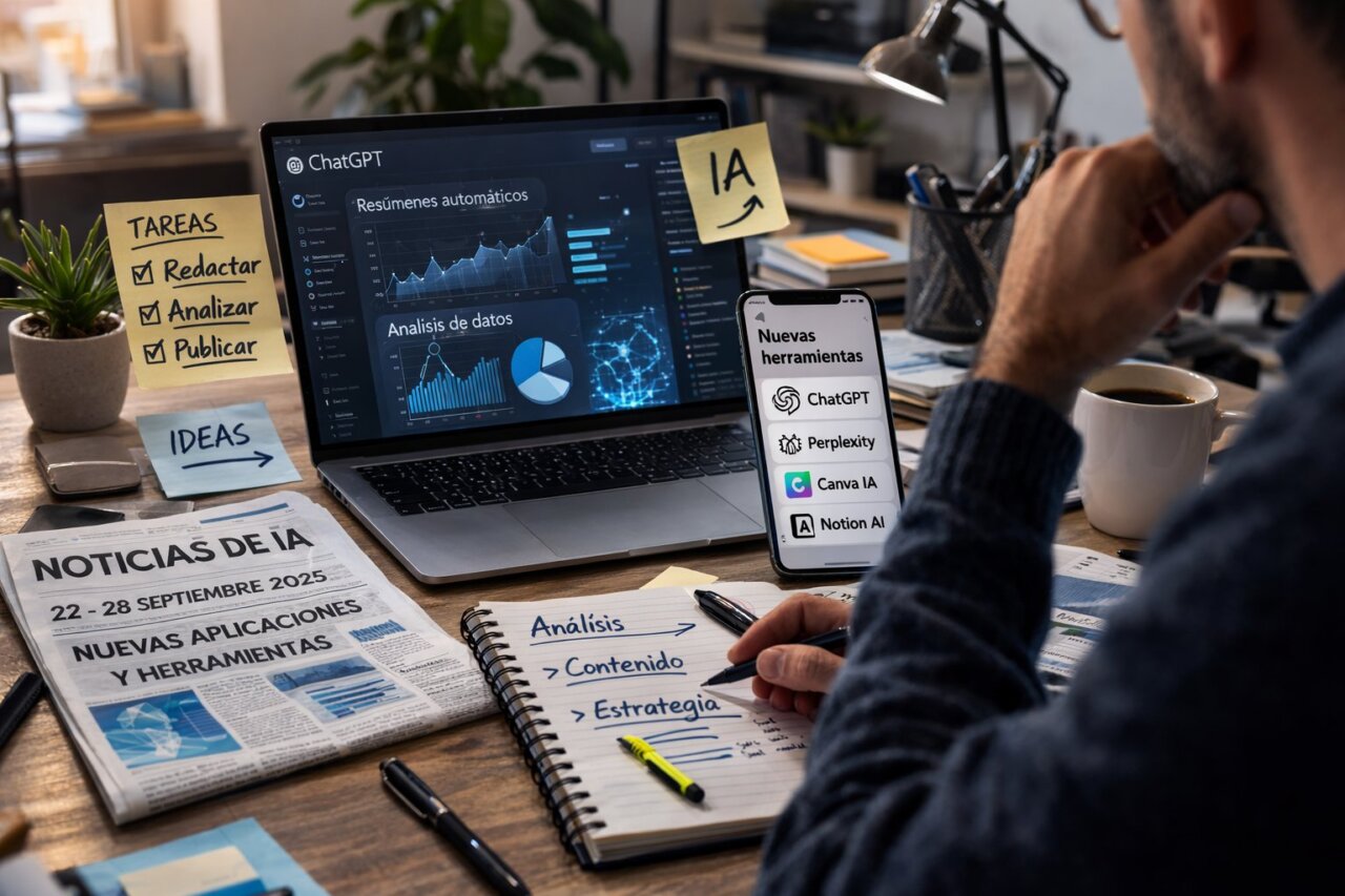 Persona trabajando con herramientas de inteligencia artificial en una oficina