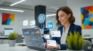 Mujer trabajando en un ordenador con gráficos de inteligencia artificial