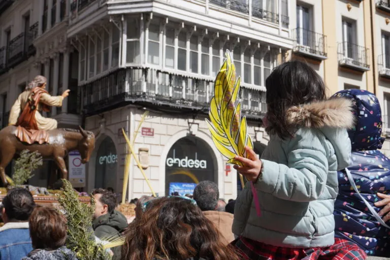 Niña sosteniendo palma en procesión de La Borriquilla en Palencia