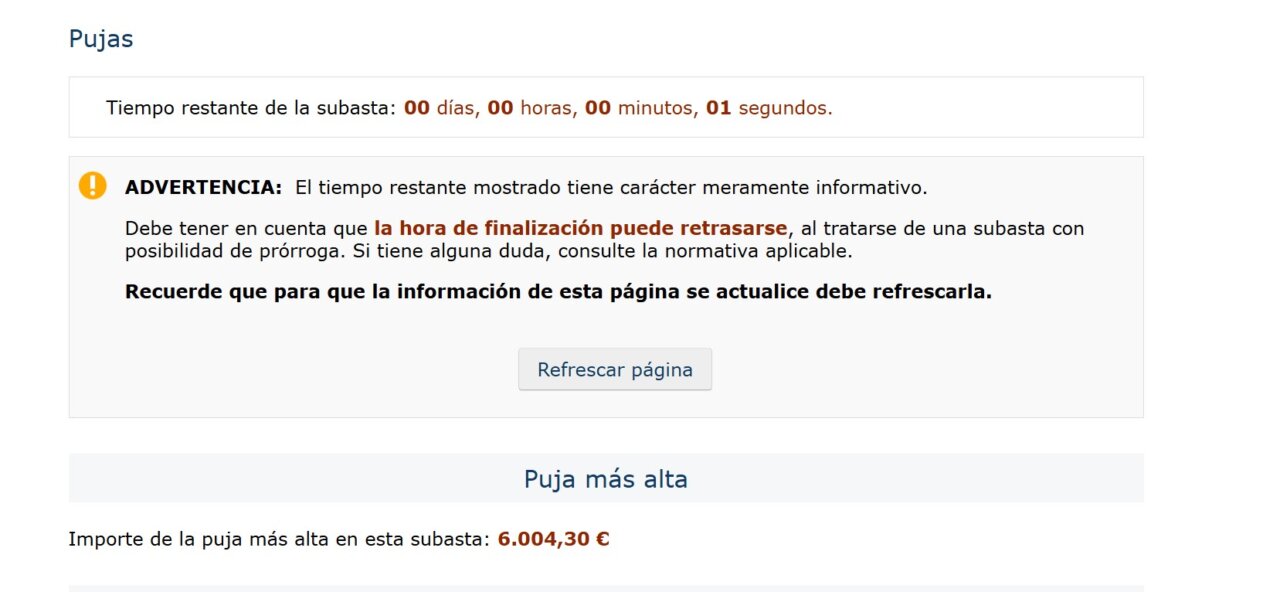 Pantalla de subasta con tiempo restante y puja más alta