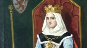 Retrato de una reina de León con corona y vestimenta histórica