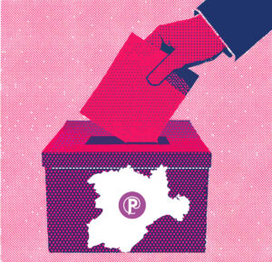 Mapa de resultados electorales en Castilla y León con una urna de votación.