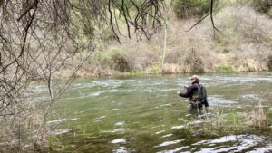 Hombre pescando en un río rodeado de naturaleza en Saldaña.