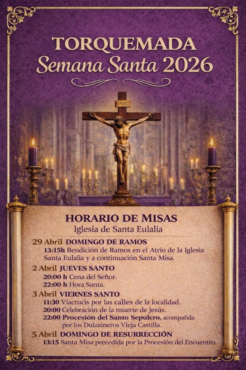 Cartel de la Semana Santa en Torquemada con horarios de misas