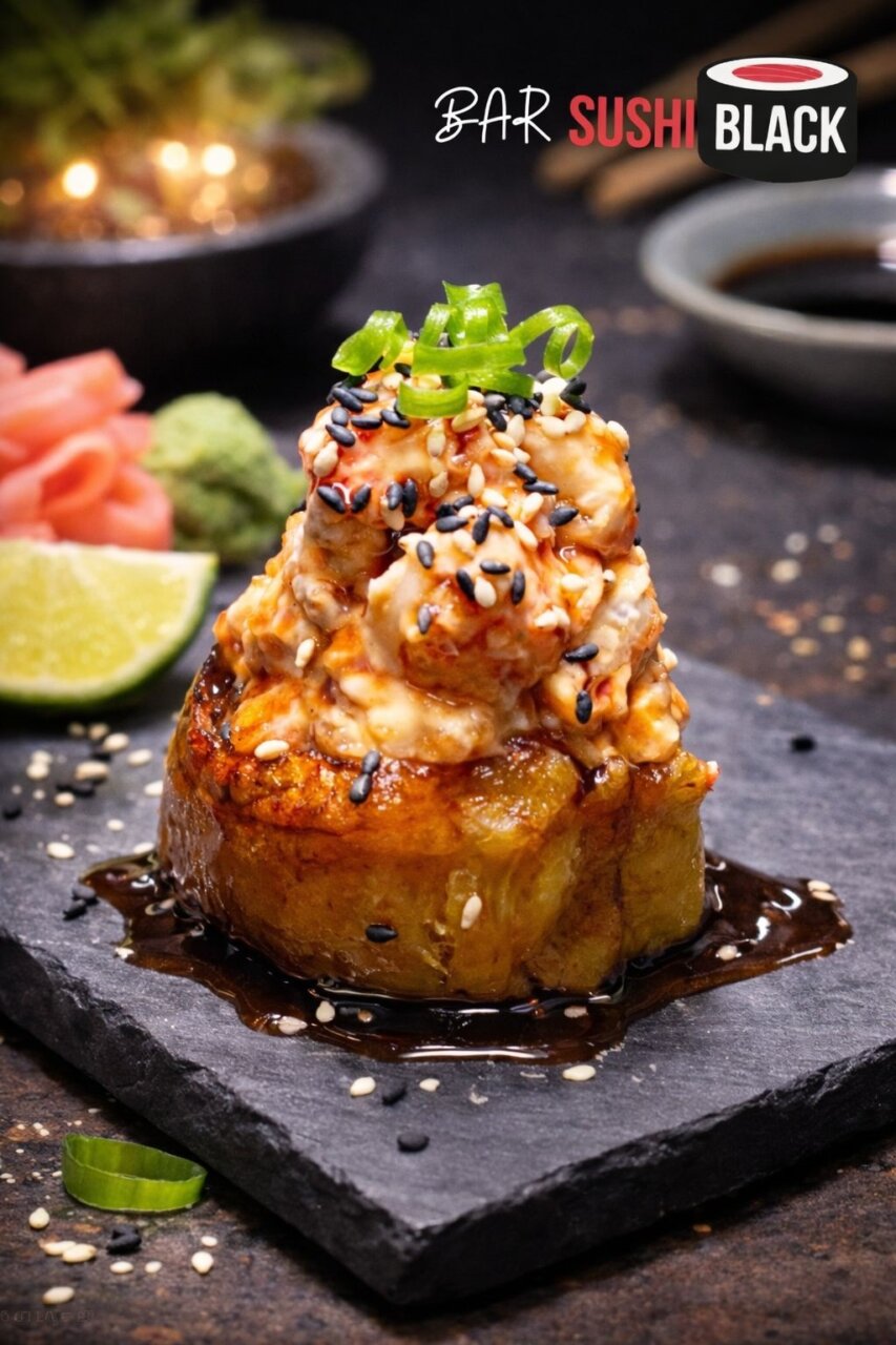 Plato de sushi con plátano macho y salsa de anguila en Sushi Black