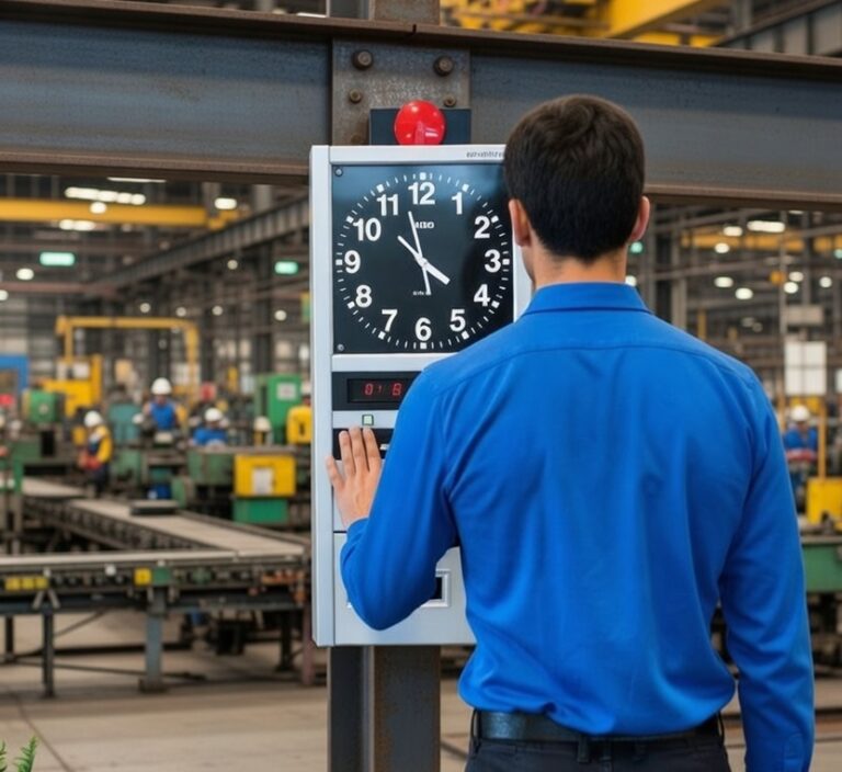 Hombre registrando su hora de entrada en una fábrica