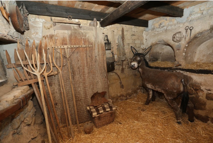 Interior de La Casa del Abuelo en Cevico de la Torre con un burro y herramientas agrícolas