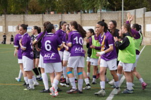Jugadoras del Palencia Fútbol Femenino celebrando su ascenso en el campo.