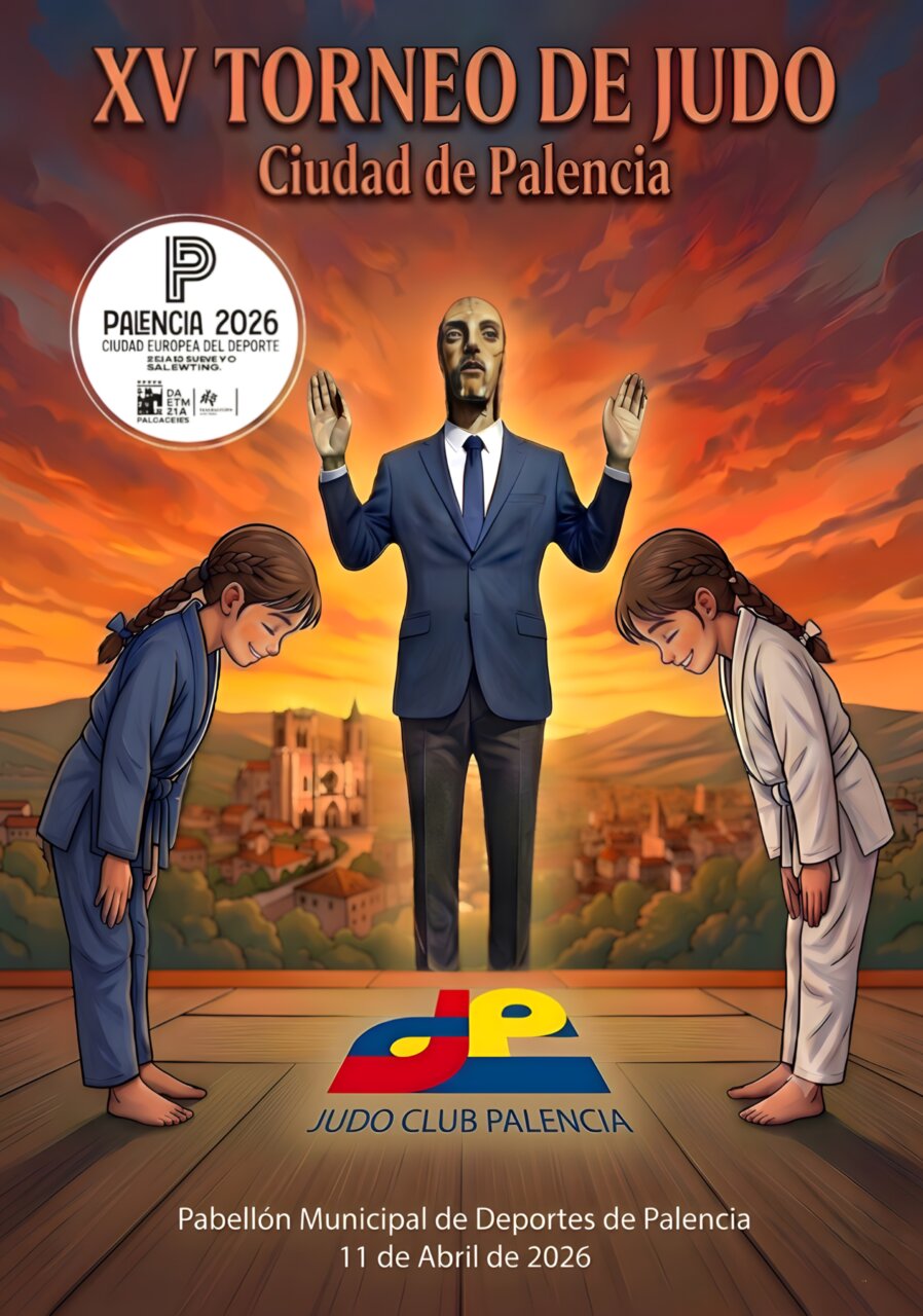 Cartel del XV Torneo de Judo Ciudad de Palencia con niños y un juez