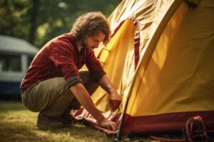 Hombre montando una tienda de campaña en un entorno natural