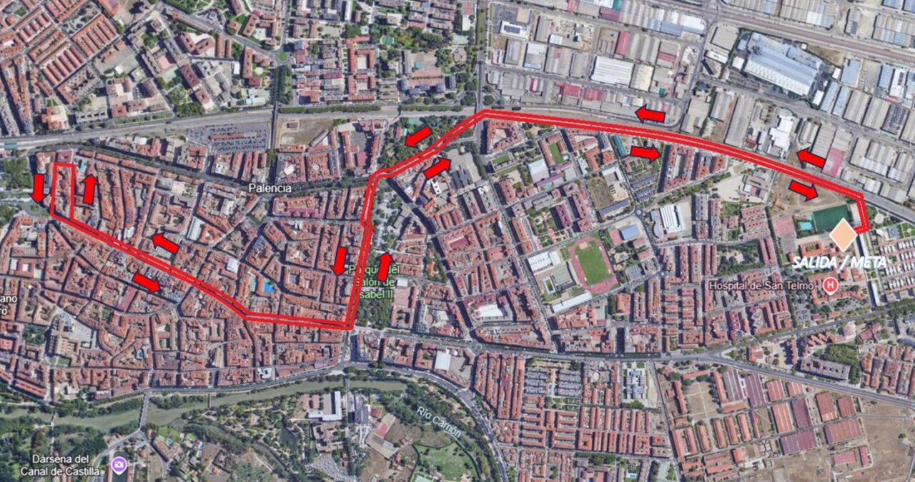 Mapa del recorrido de la carrera contra el cáncer en San Telmo, Palencia.