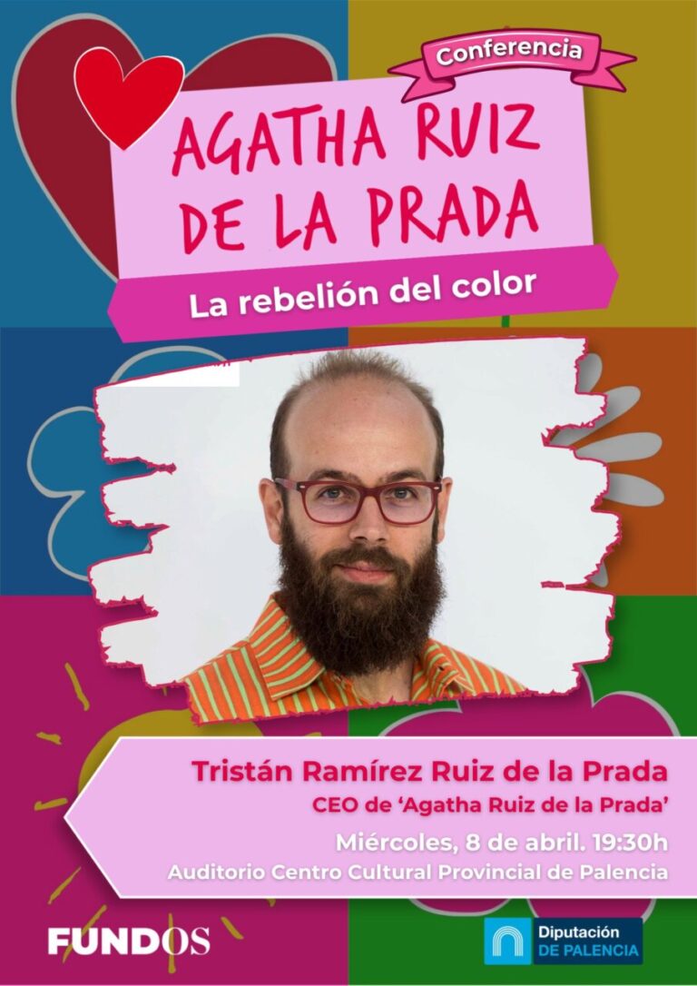 Cartel de la conferencia sobre Agatha Ruiz de la Prada con detalles coloridos.