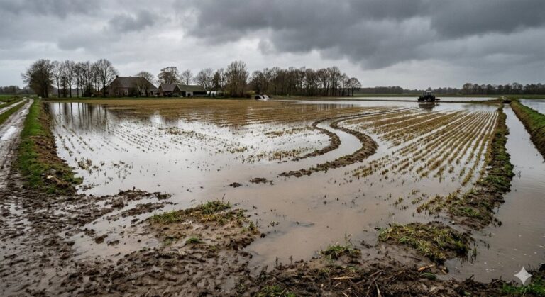 Campo inundado con cultivos de arroz y cielo nublado