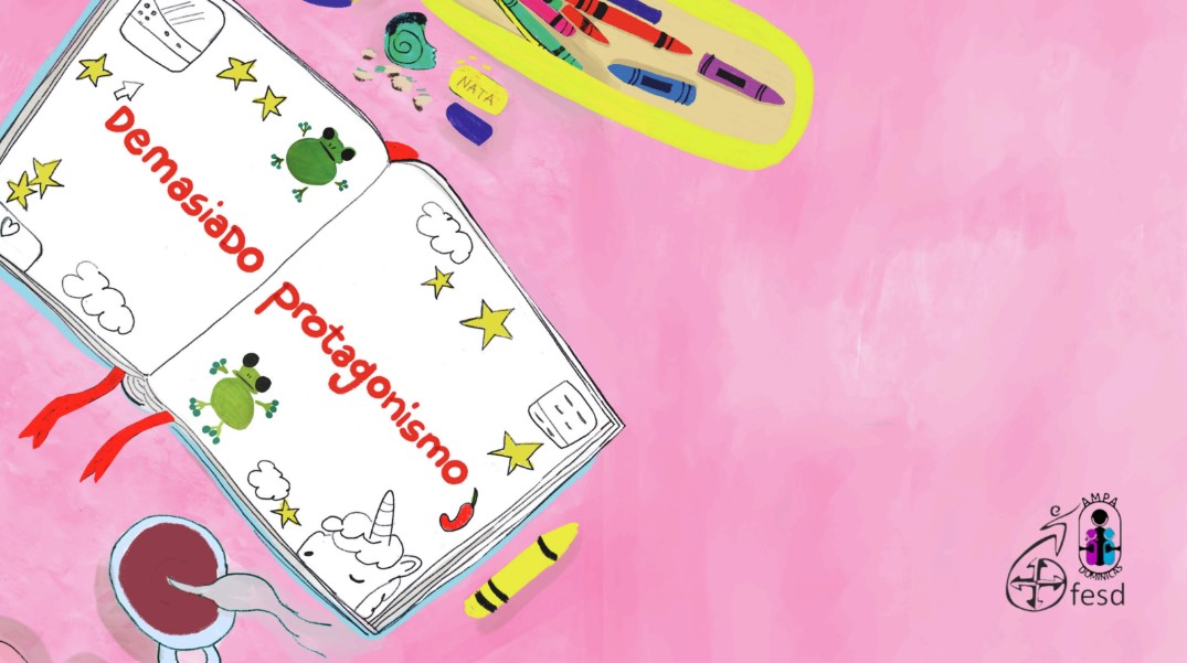 Ilustración del libro Demasiado Protagonismo con elementos artísticos y escolares