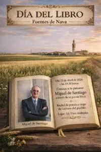 Cartel del Día del Libro en Fuentes de Nava con Miguel de Santiago