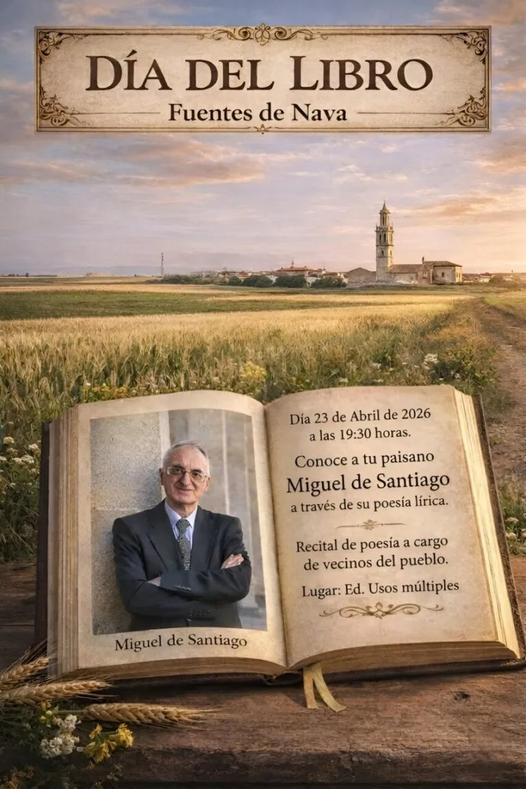 Cartel del Día del Libro en Fuentes de Nava con Miguel de Santiago