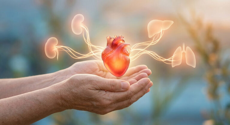 Manos sosteniendo un corazón con órganos flotantes alrededor