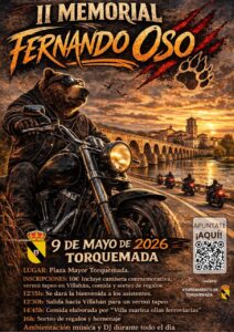 Cartel del II Memorial Fernando Oso en Torquemada con un oso motero