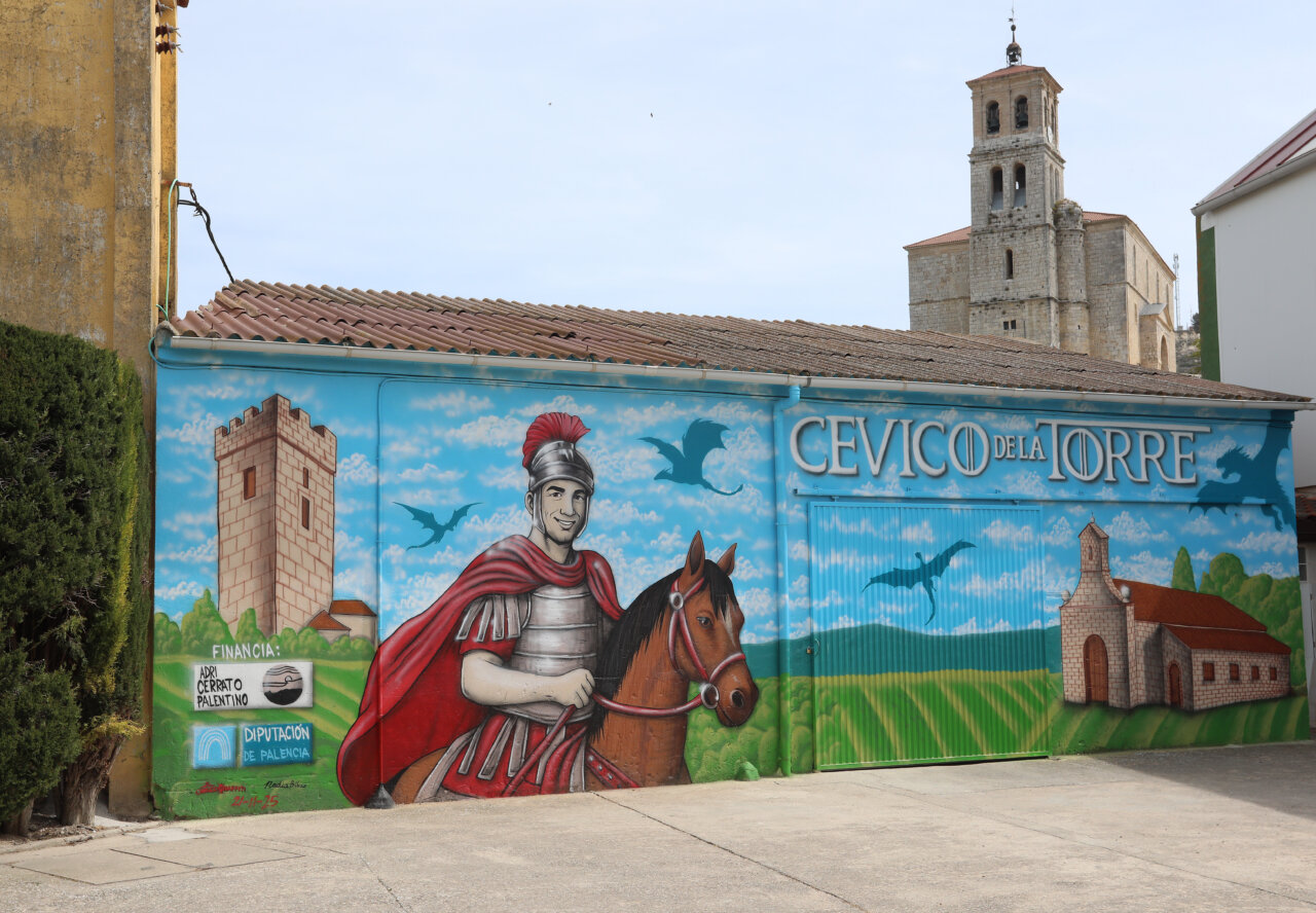 Mural en Cevico de la Torre con un guerrero romano y un caballo