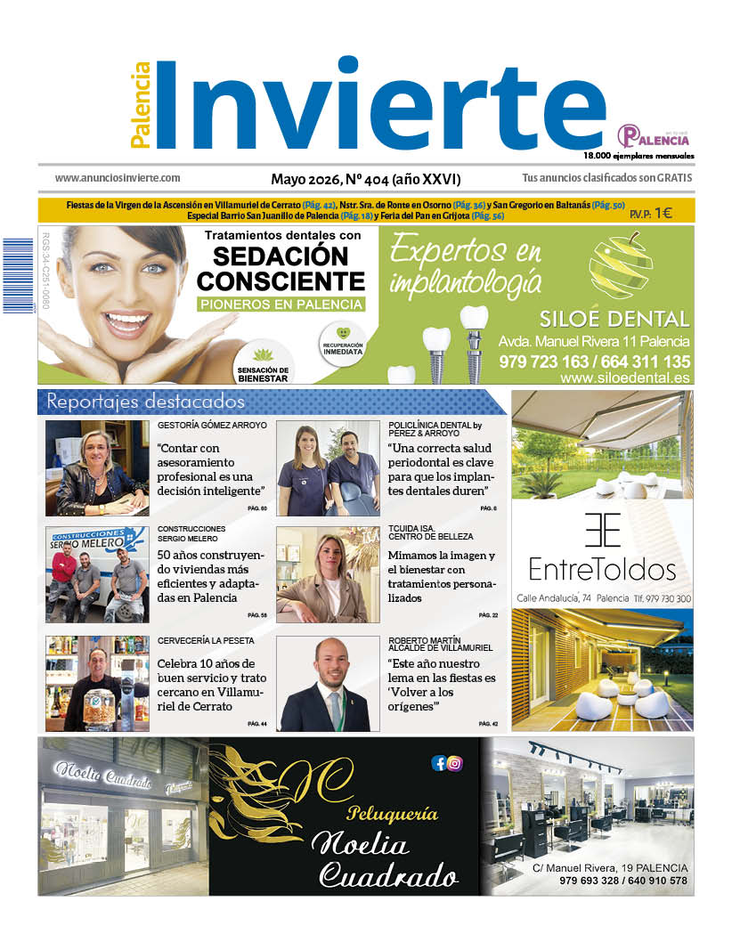 Portada del periódico Palencia Invierte de mayo 2026 con anuncios y reportajes