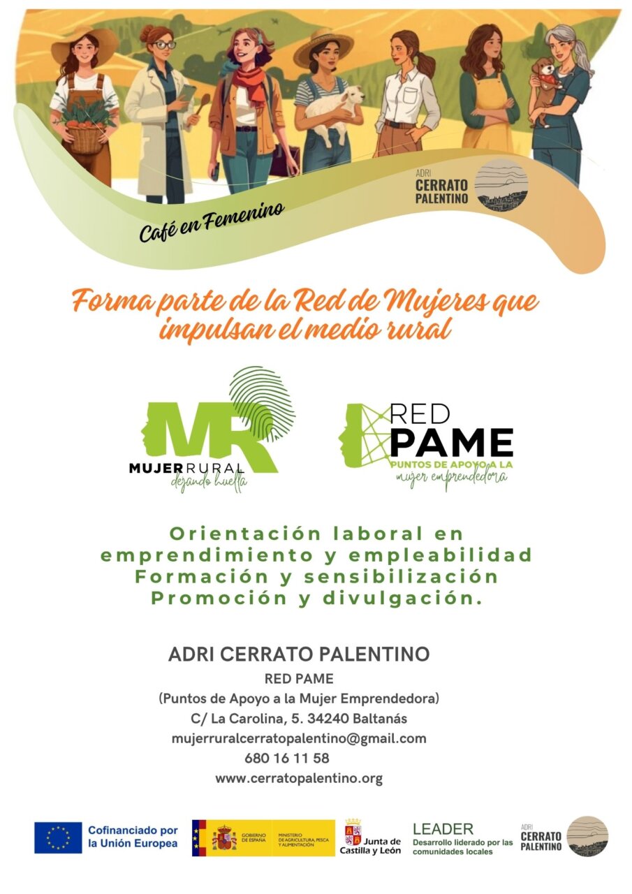 Cartel sobre la Red PAME y emprendimiento femenino en el Cerrato Palentino