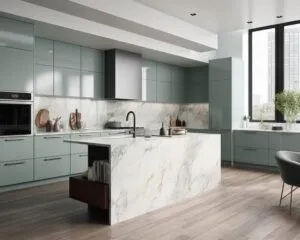 Cocina moderna con acabados en mármol y muebles en tonos suaves