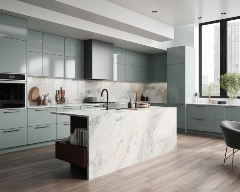 Cocina moderna con acabados en mármol y muebles en tonos suaves