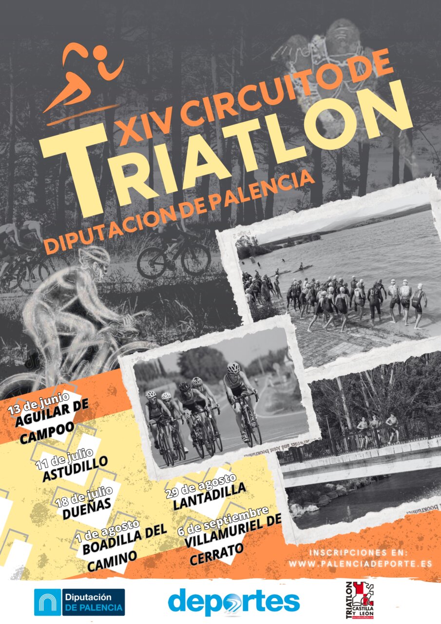 Cartel del XIV Circuito de Triatlón Diputación de Palencia con fechas y sedes.