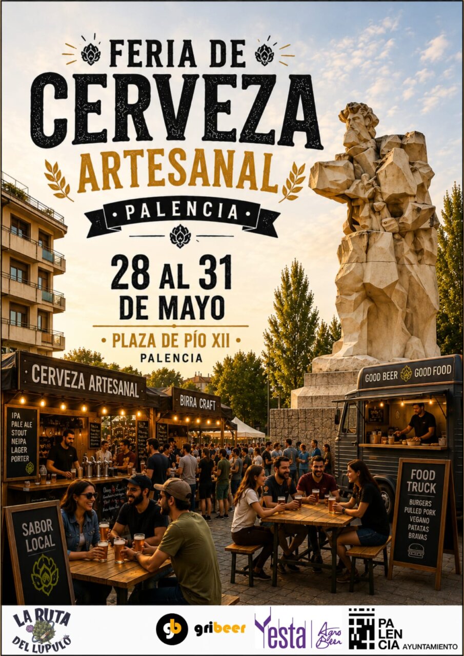 Cartel de la Feria de Cerveza Artesanal en Palencia con actividades y food trucks