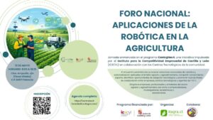 Cartel del foro sobre robótica en la agricultura con imágenes de drones y maquinaria
