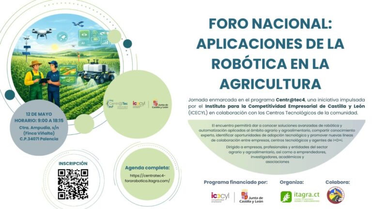 Cartel del foro sobre robótica en la agricultura con imágenes de drones y maquinaria