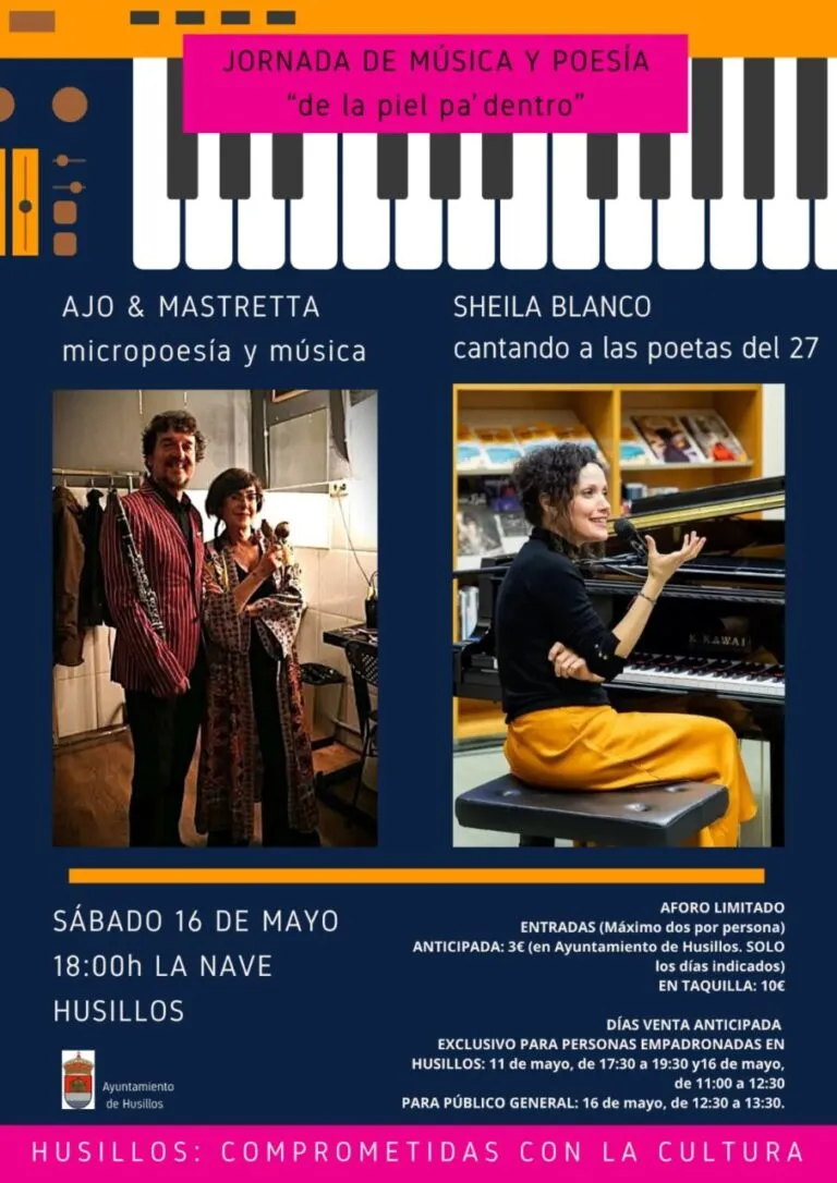Cartel del evento de música y poesía en Husillos con Ajo y Mastretta y Sheila Blanco