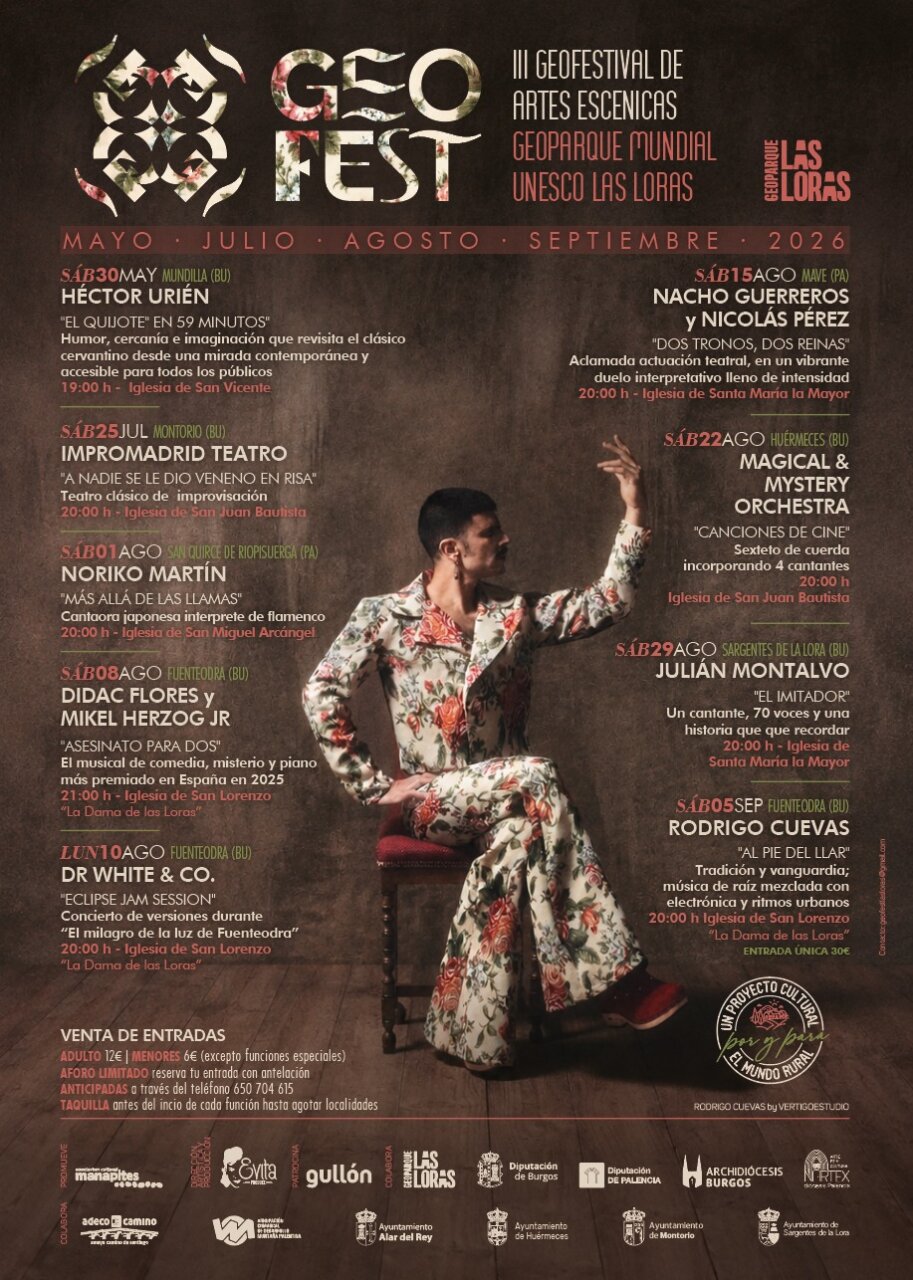 Cartel del III GeoFest con programación de artes escénicas en Geoparque Las Loras.