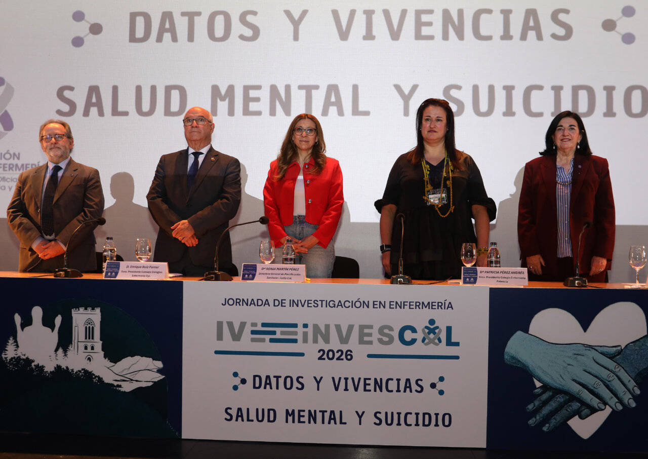 Brágimo / ICAL. (IaD) El presidente de INDEX, Mauel Amezcua; el presidente del Consejo de Enfermería de Castilla y León, Enrique Ruiz; la directoral generla de Planificación Sanitaria, Sonia Martín; la presidenta del Colegio Oficial de Enfermería de Palencia, Patricia Pérez ; y la vicepresidenta del Consejo General de Colegios Oficiales de Enfermería de España, Raquel Rodríguez, en el acto inaugural de las IV Jornadas de Invescol 'Datos Y Vivencias: Salud Mental Y Suicidio'