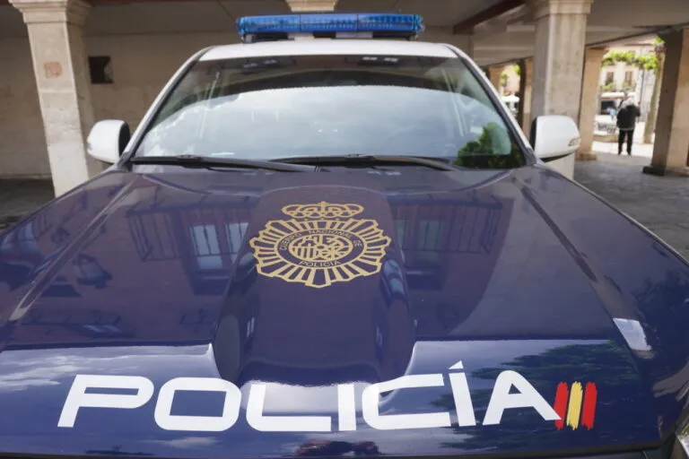 Coche de policía con luces azules y emblema en el capó