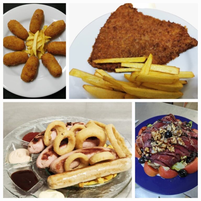 Platos variados del Restaurante La Vieja Bruselas, incluyendo croquetas y ensaladas.