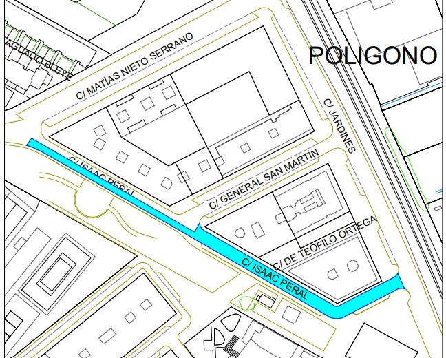 Mapa de la calle Isaac Peral en Palencia con áreas de asfaltado