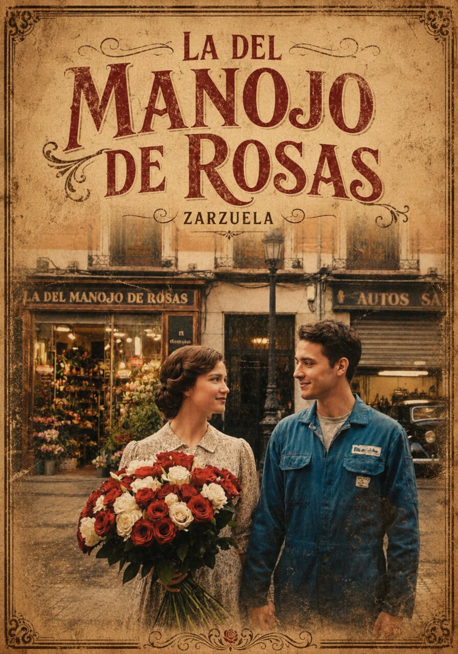 Cartel de la zarzuela La del manojo de rosas con dos personajes