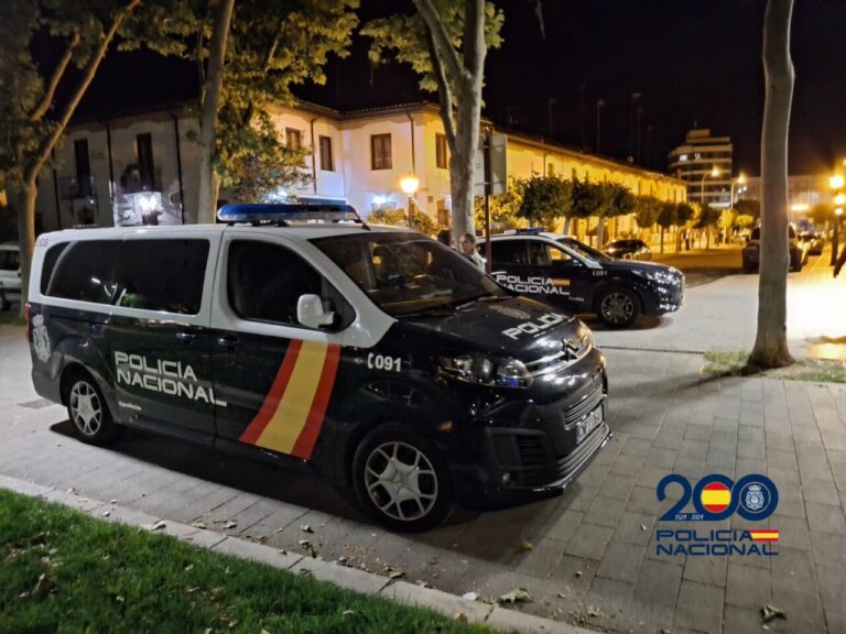 Vehículos de la Policía Nacional en una calle de Palencia durante la noche