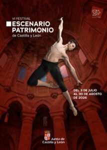 Cartel del VI Festival Escenario Patrimonio de Castilla y León con un bailarín en acción.