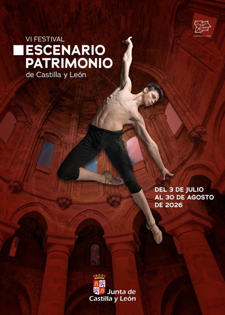 Cartel del VI Festival Escenario Patrimonio de Castilla y León con un bailarín en acción.