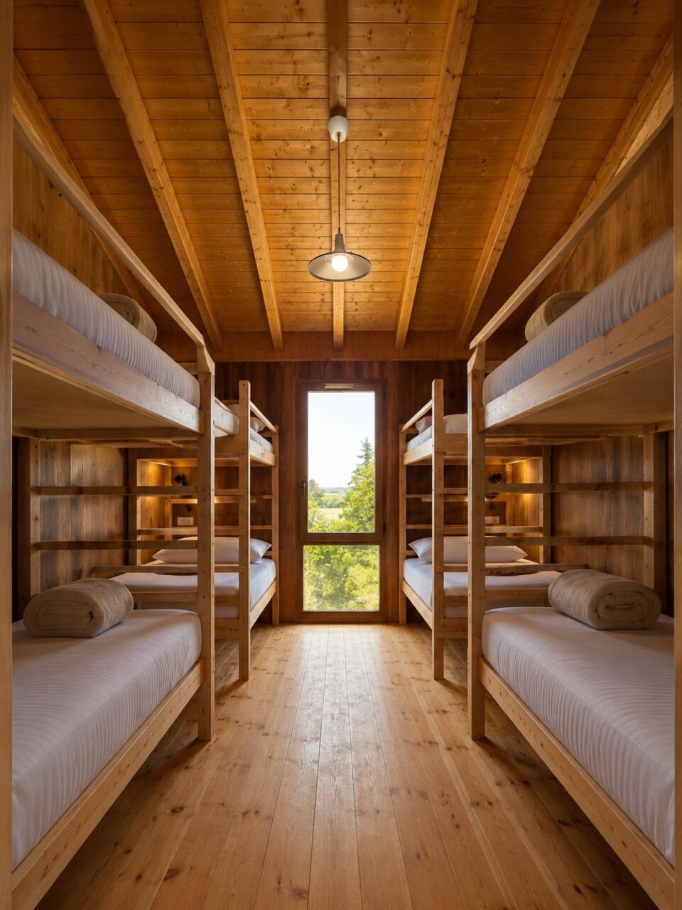 Interior del albergue en Finca de la Puebla con literas de madera