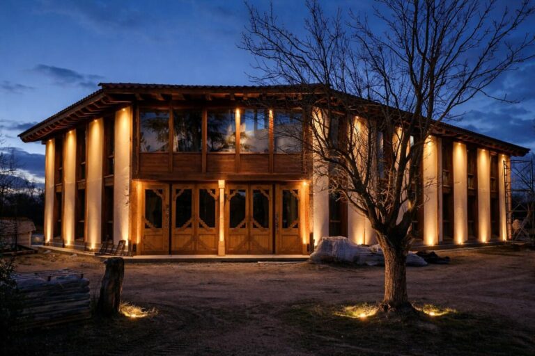 Finca de la Puebla iluminada por la noche con un diseño moderno