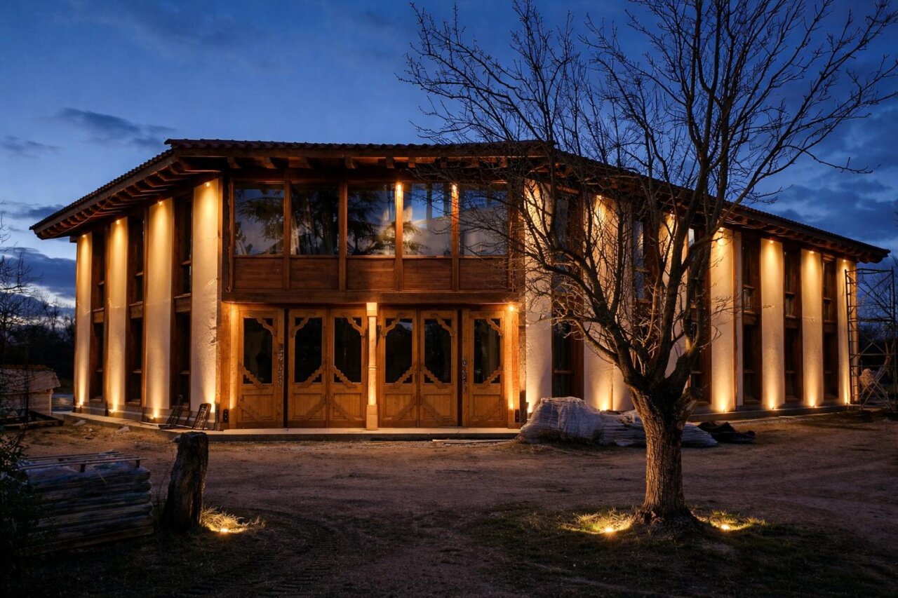Finca de la Puebla iluminada por la noche con un diseño moderno
