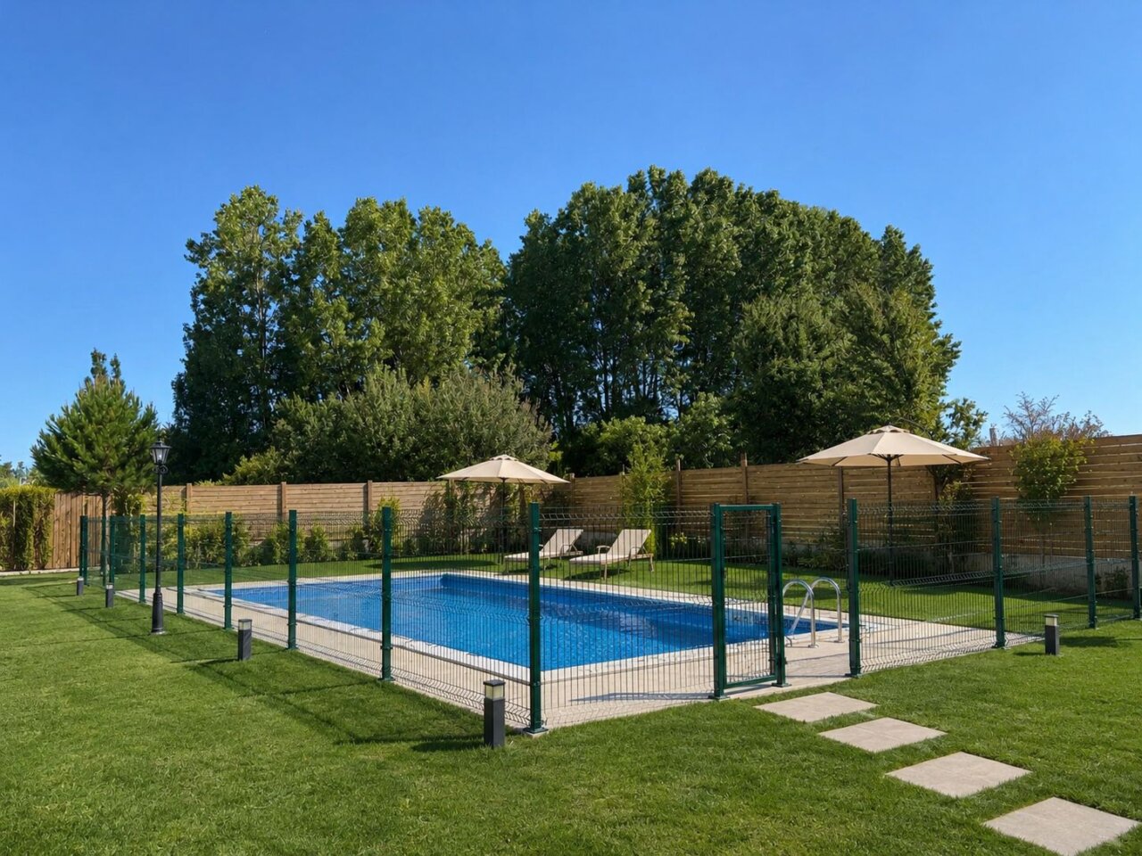 Piscina exterior en la Finca de la Puebla rodeada de jardines