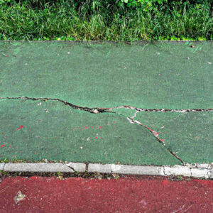 Pavimento dañado en un parque con hierba al fondo
