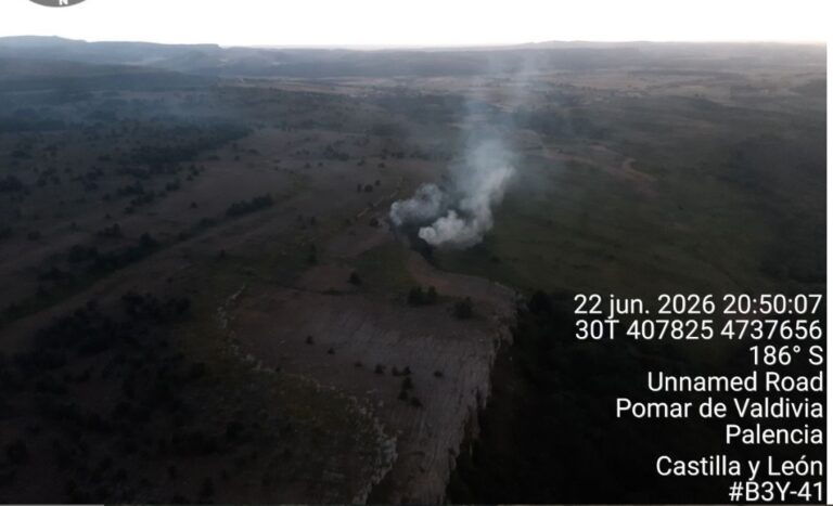 Vista aérea de un incendio en Pomar de Valdivia con humo visible